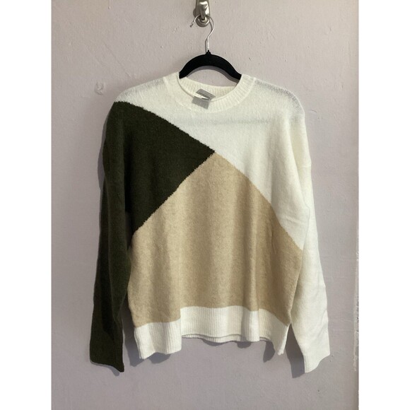 J. Crew Factory Green Beige Colorblock Merino Wool Blend Boxy Pullover Sweater S - Picture 2 of 6